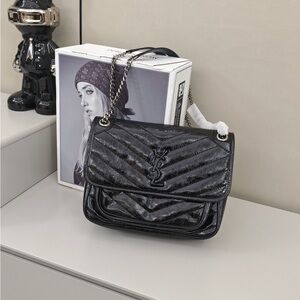 Yves Saint Laurent Shiny Black Chevron Shoulder Bag